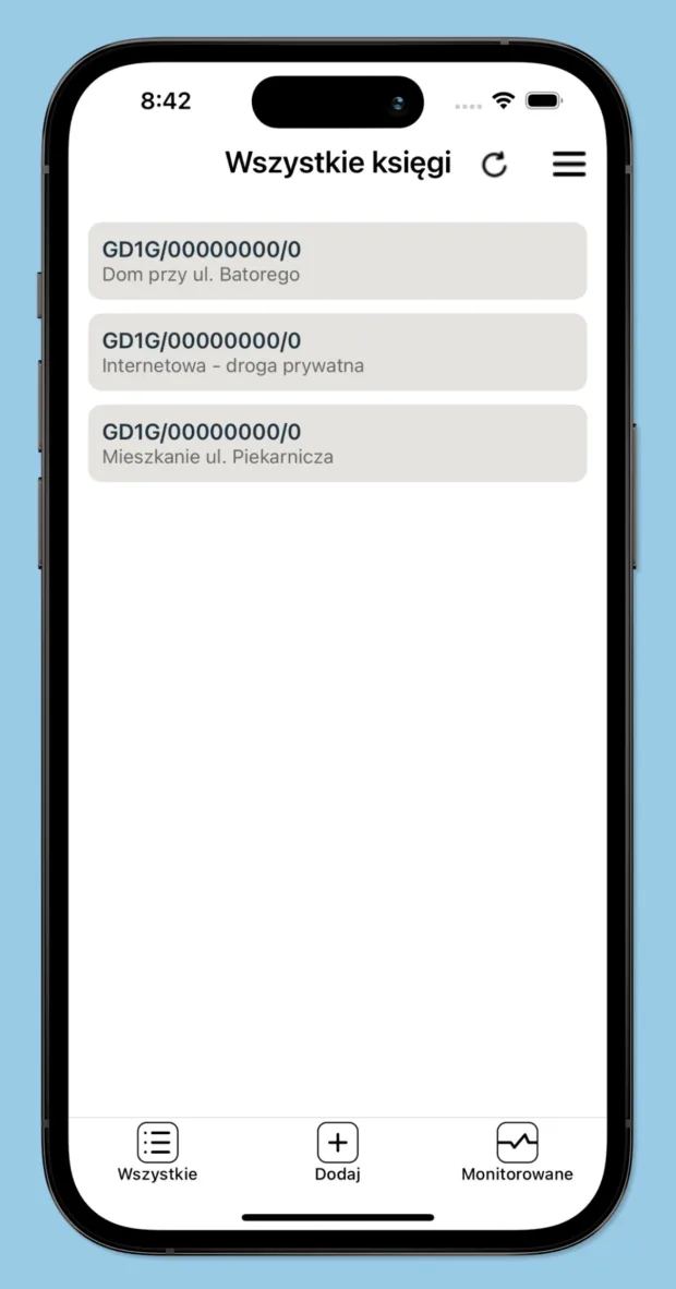 Księgi Wieczyste Monitor mobile app showing monitored land register records